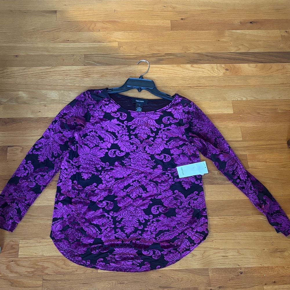Karen Kane Women's Long Sleeve Mesh Top with Burgundy Velour Fall Designs M New